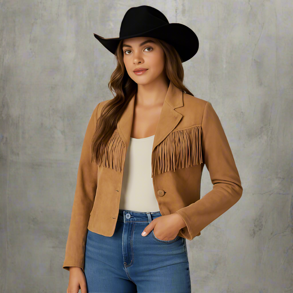 Woman in suede fringe jacket, cowboy hat, and jeans posing in Western-style outfit with soft neutral background.