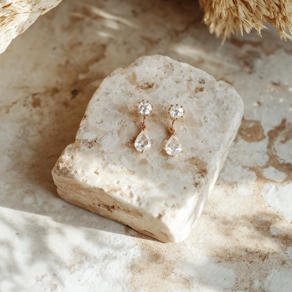 Pair of gold and crystal drop earrings displayed on a textured stone surface with natural sunlight and soft shadows.