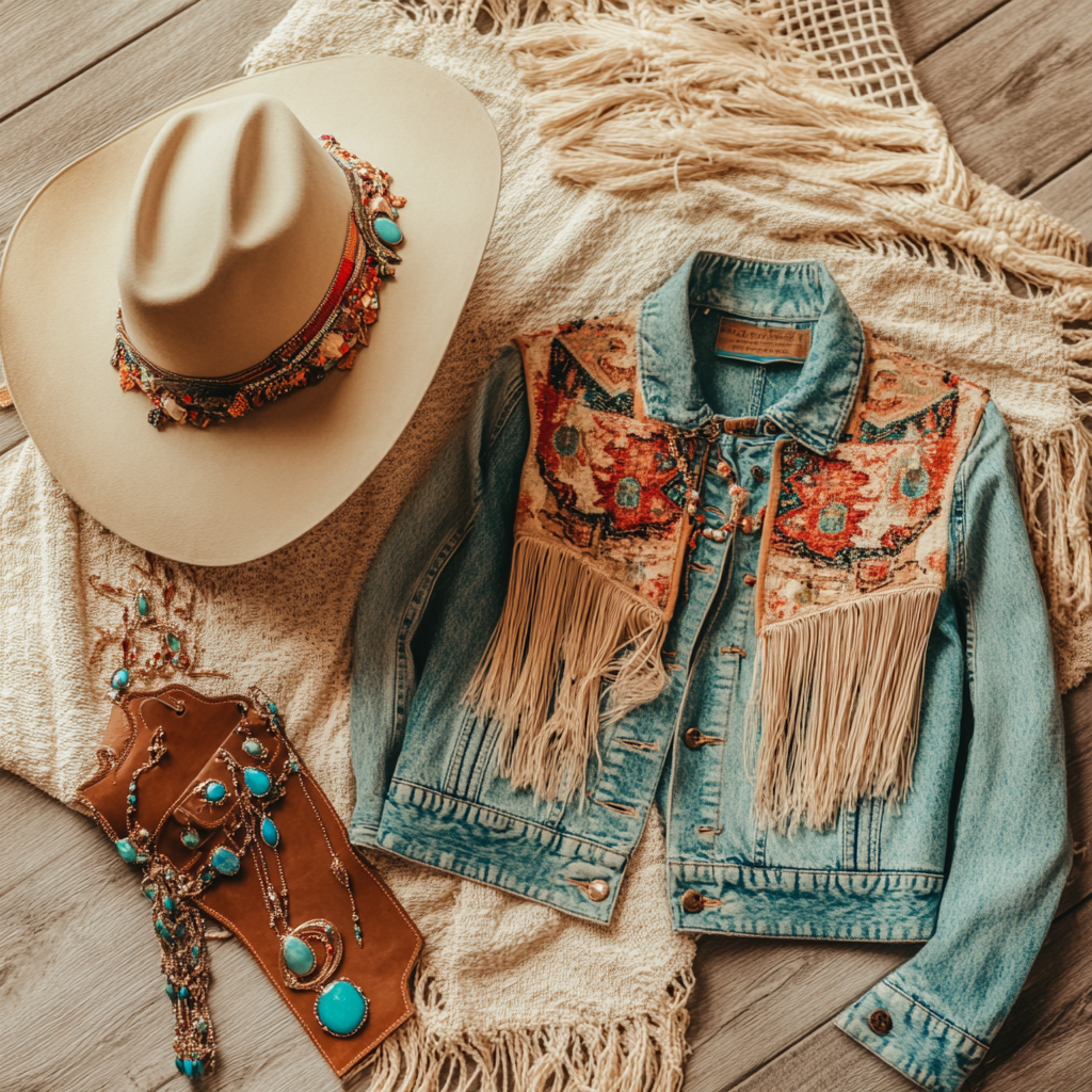Flat lay of a cream cowgirl hat with colorful beaded band, a light-wash denim jacket with fringe and embroidered detail, and turquoise jewelry on a rustic woven textile background.