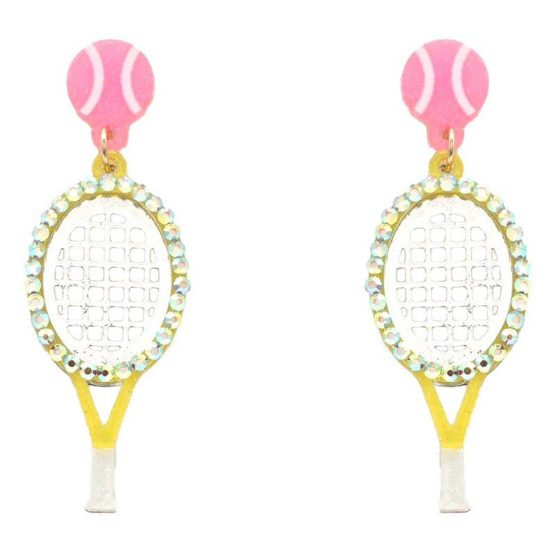 Tennis Ball and Paddle Figure Drop Post Earrings