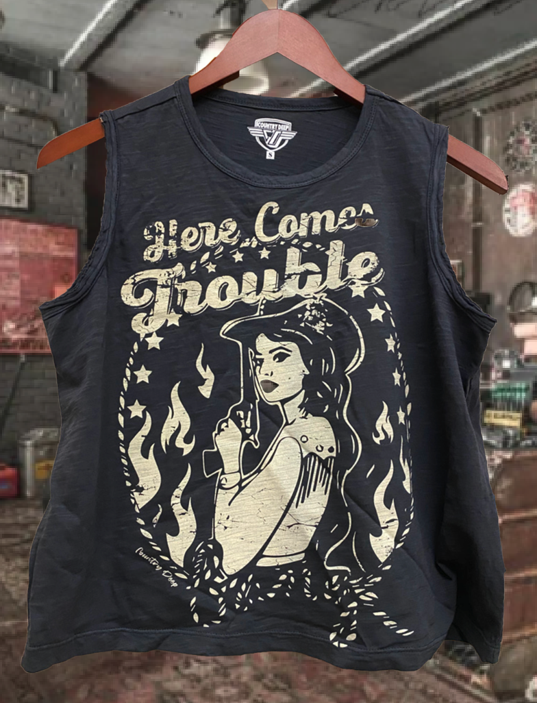 Here Comes Trouble Muscle Crop Tank Top