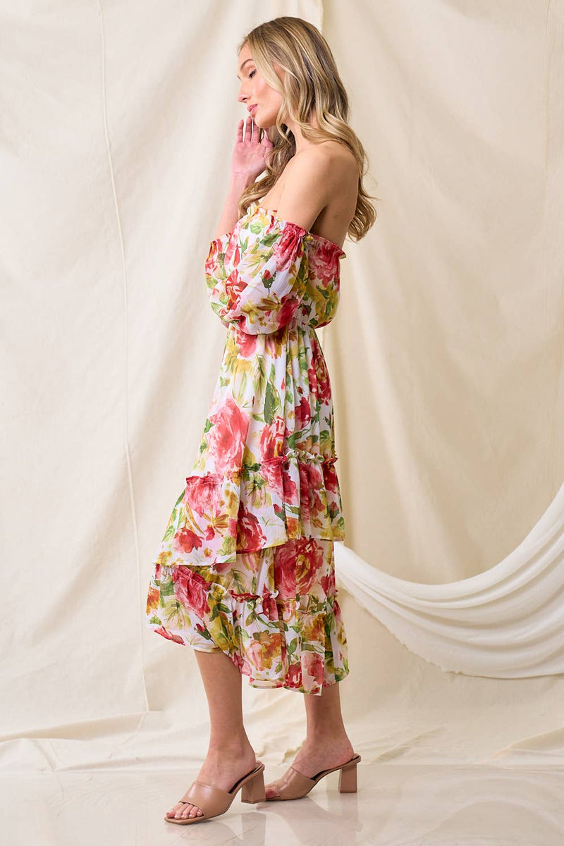 Floral Off Shoulder Boho Midi Dress