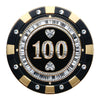 A luxury black and gold poker chip-style gift certificate with a $100 denomination, featuring gemstone details and a casino-inspired design.

