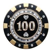 A luxury black and gold poker chip-style gift certificate with a $100 denomination, featuring gemstone details and a casino-inspired design.

