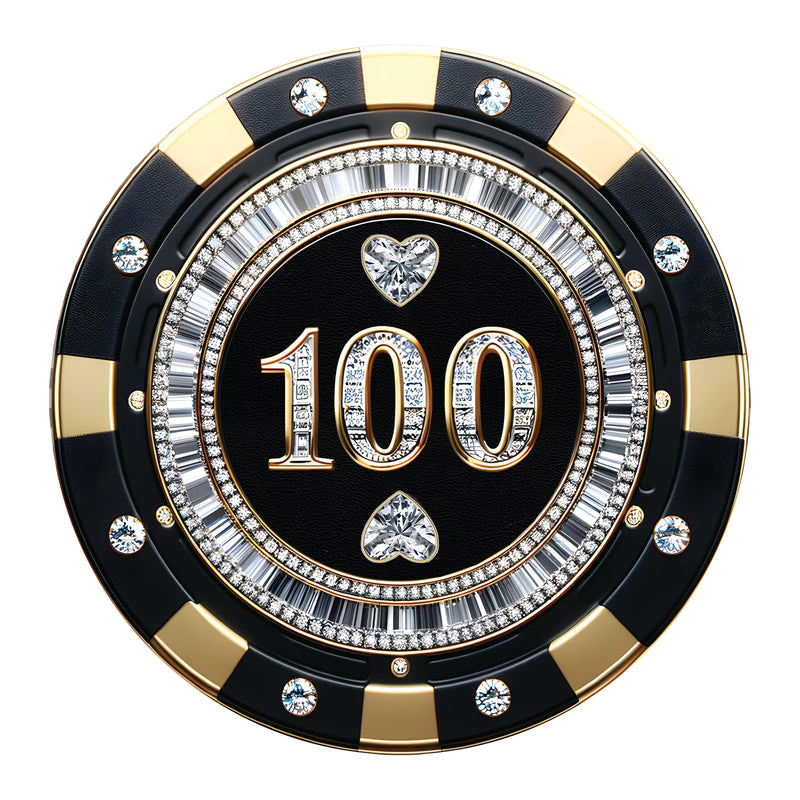 A luxury black and gold poker chip-style gift certificate with a $100 denomination, featuring gemstone details and a casino-inspired design.

