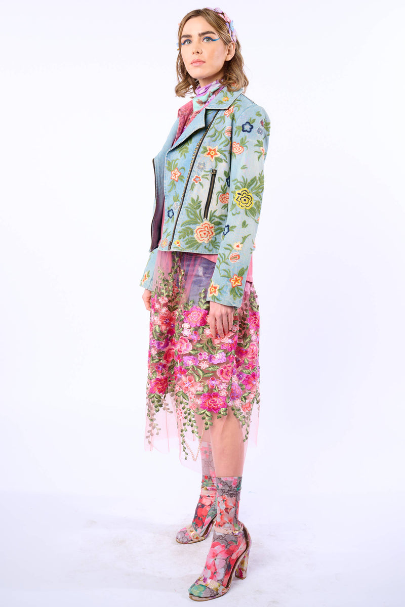 Lucinda Embroidered Denim Motorcycle Jacket