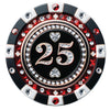A luxury black, red, and silver poker chip-style gift certificate with a $25 denomination, featuring gemstone details and a casino-inspired design.