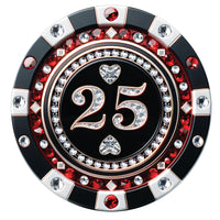 A luxury black, red, and silver poker chip-style gift certificate with a $25 denomination, featuring gemstone details and a casino-inspired design.