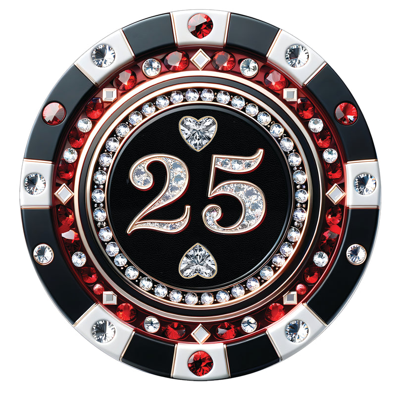 A luxury black, red, and silver poker chip-style gift certificate with a $25 denomination, featuring gemstone details and a casino-inspired design.