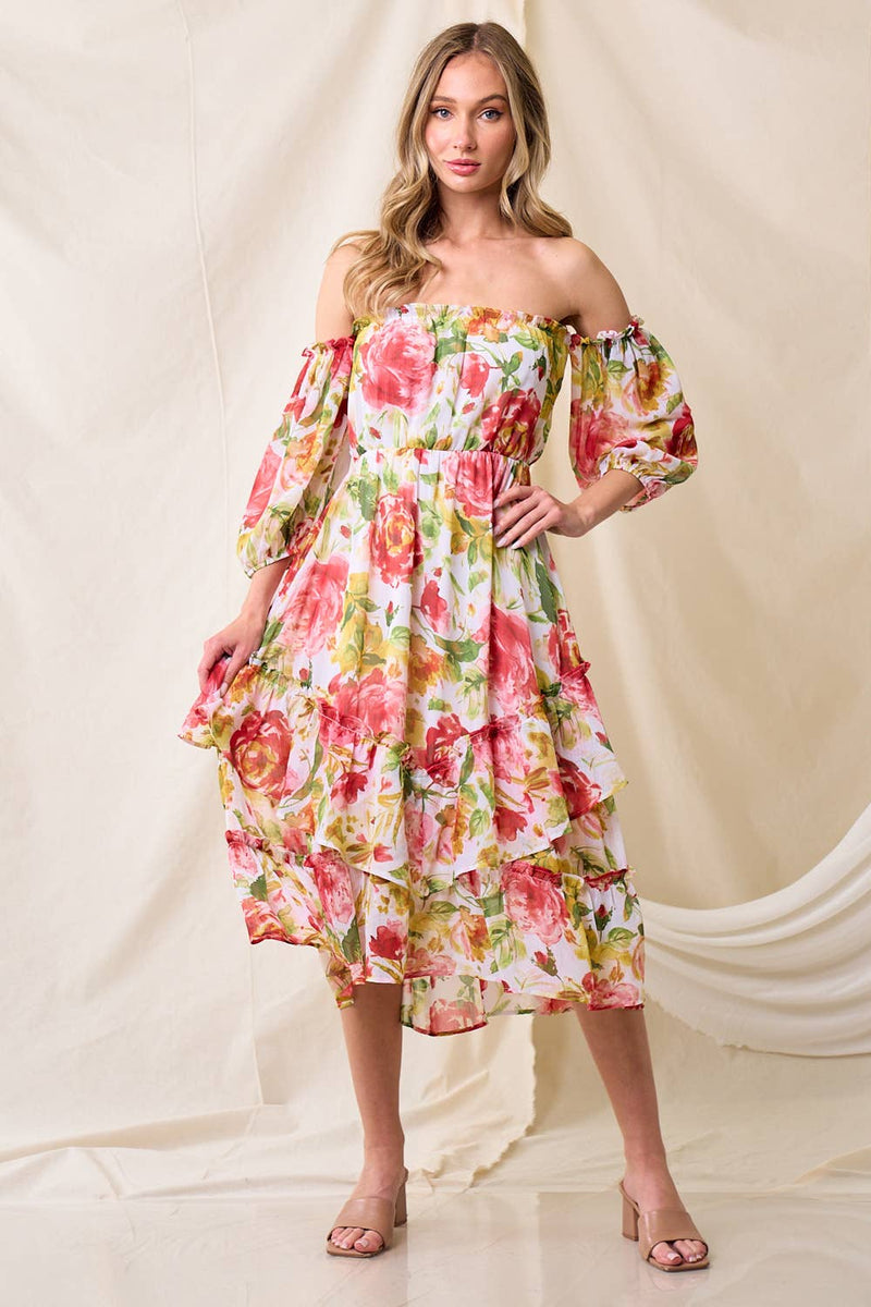 Floral Off Shoulder Boho Midi Dress