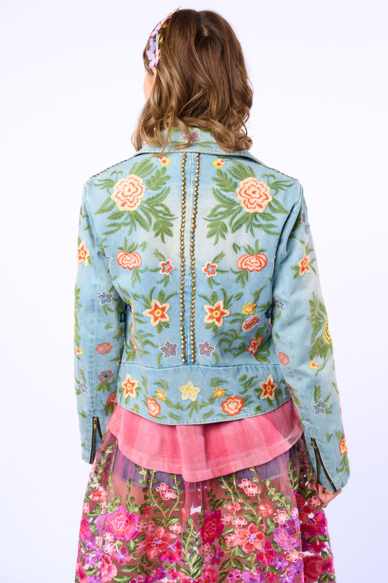 Lucinda Embroidered Denim Motorcycle Jacket