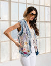 Denim Trim Floral Embroidered Vest
