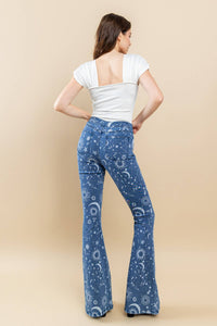 Super Stretchy Star & Sun Printed Flare Jeans