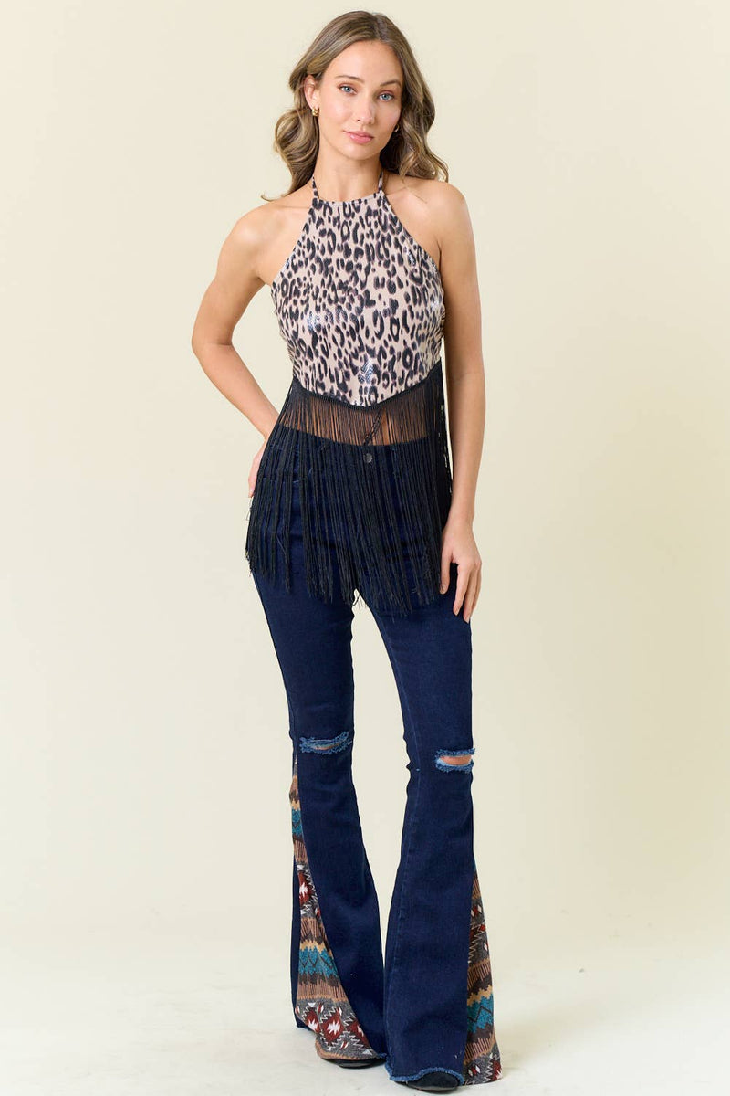 Halter Cheetah Fringe Top