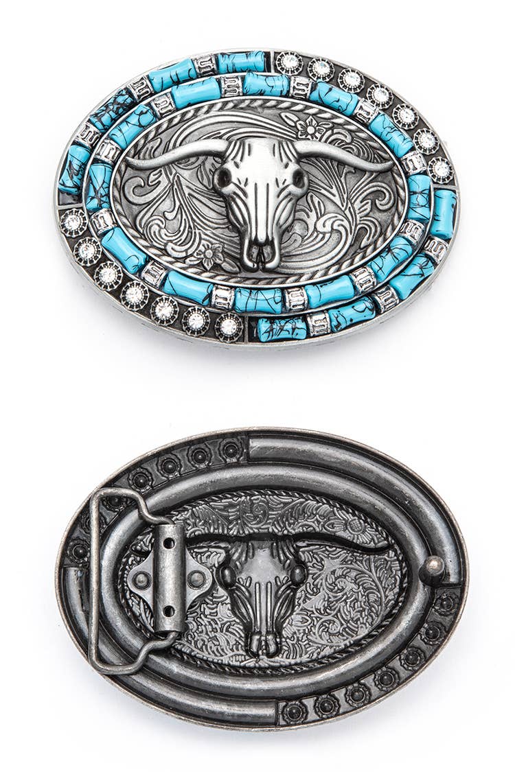 Long Horn Buckle Turquoise Pave Stone Western Belt
