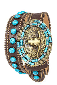 Long Horn Buckle Turquoise Pave Stone Western Belt