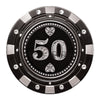 A luxury black and gold poker chip-style gift certificate with a $50 denomination, featuring gemstone details and a casino-inspired design.

