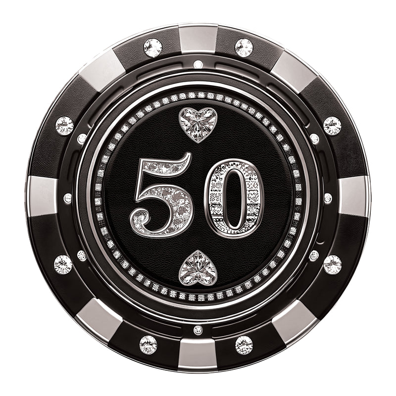 A luxury black and gold poker chip-style gift certificate with a $50 denomination, featuring gemstone details and a casino-inspired design.

