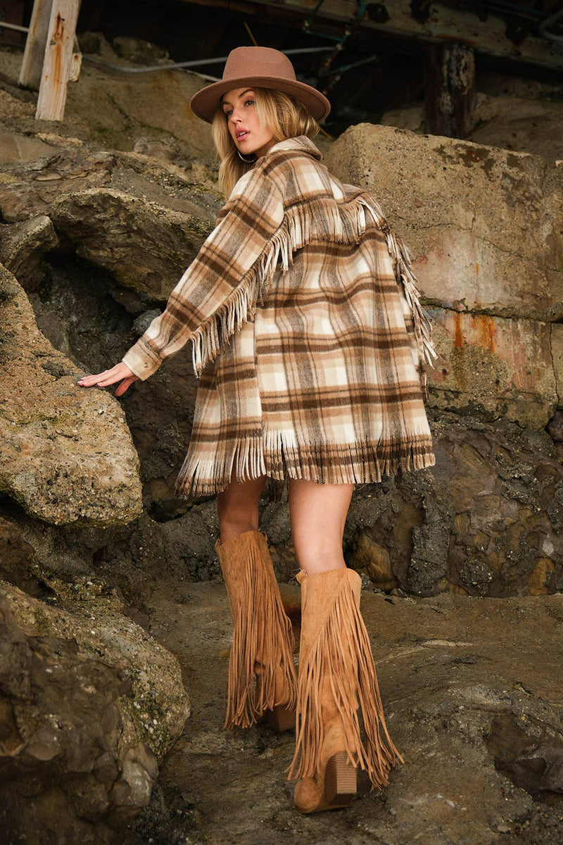 Plaid Fringe Bottom Fleece Jacket
