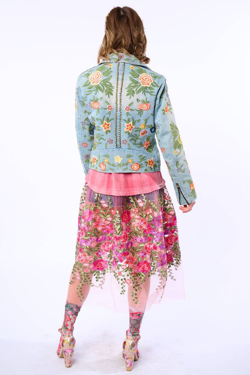 Lucinda Embroidered Denim Motorcycle Jacket