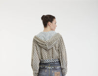 Cropped Mesh Covered Hoody Puff Sleeve - Checkered