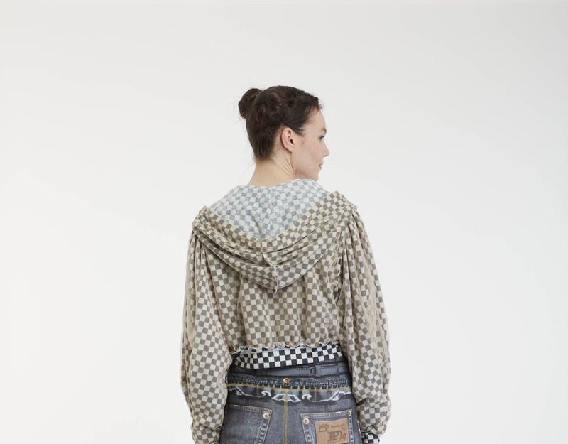 Cropped Mesh Covered Hoody Puff Sleeve - Checkered