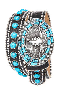Long Horn Buckle Turquoise Pave Stone Western Belt