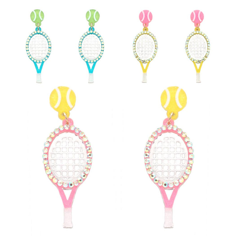 Tennis Ball and Paddle Figure Drop Post Earrings