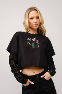 Western Embroidered Crop Tshirt with Velvet Burnout Slvs