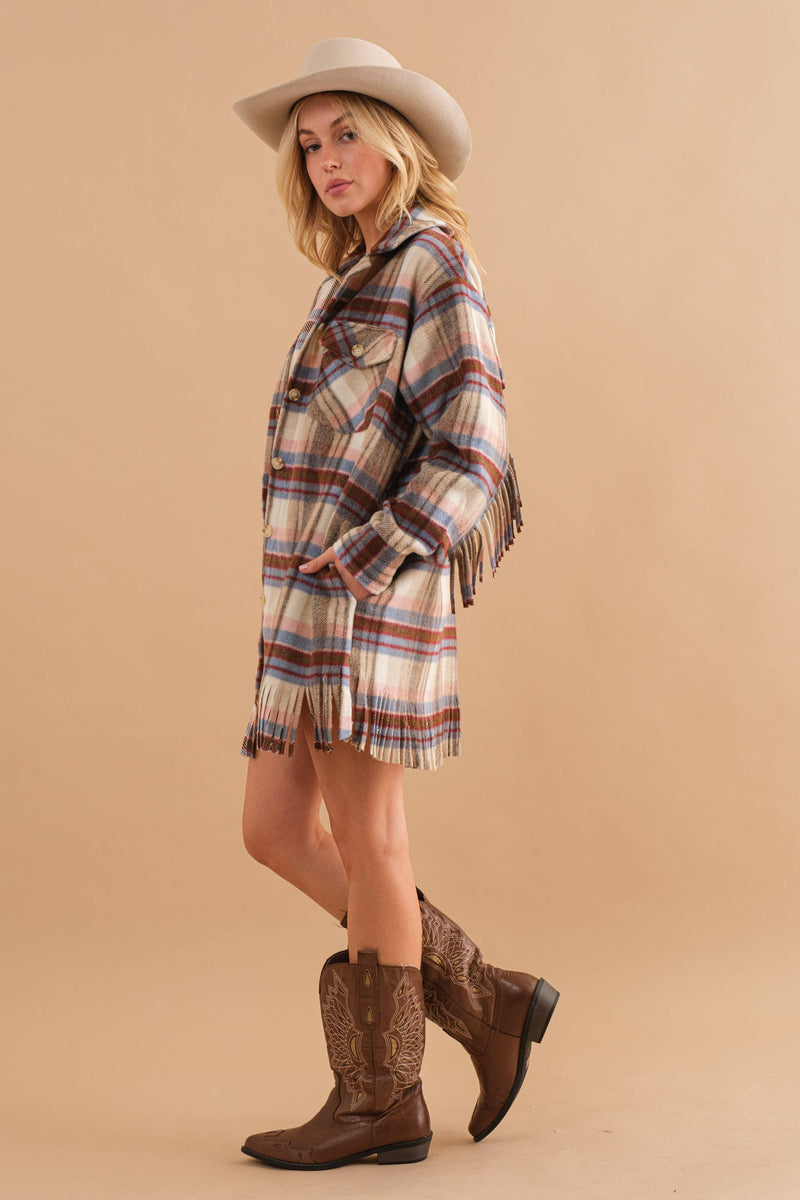 Plaid Fringe Bottom Fleece Jacket
