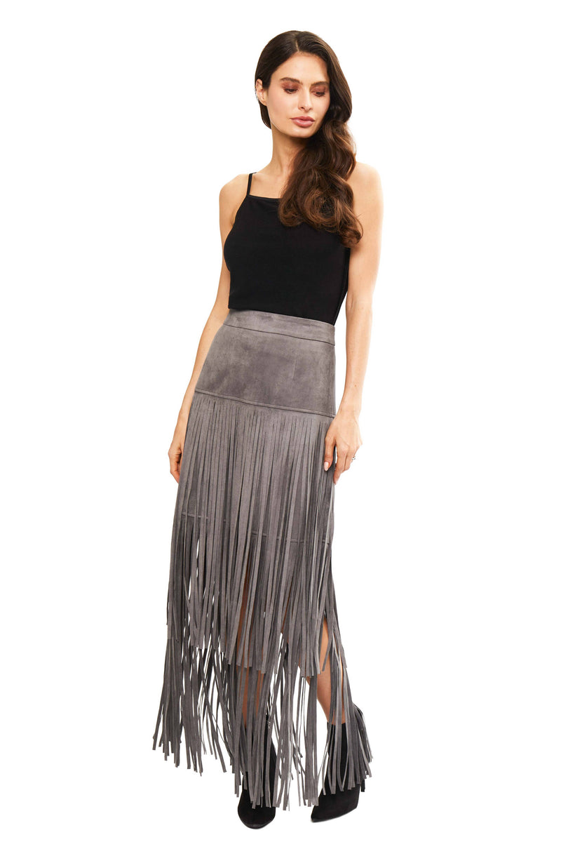Vegan Suede Fringe Long Skirt