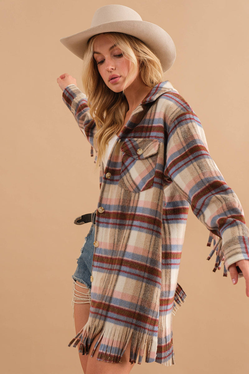 Plaid Fringe Bottom Fleece Jacket