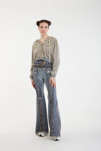 Cropped Mesh Covered Hoody Puff Sleeve - Checkered