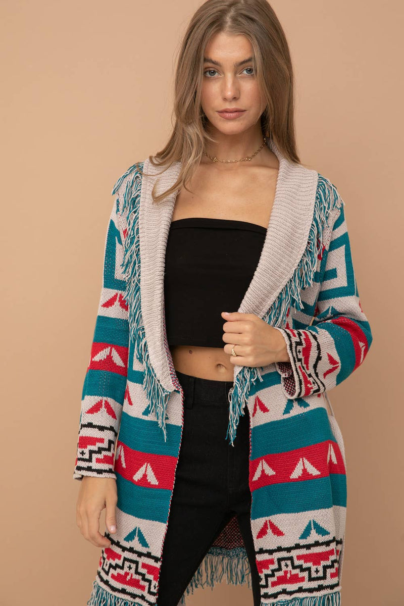 Aztec Fringe Western Tie Cardigan Sweater