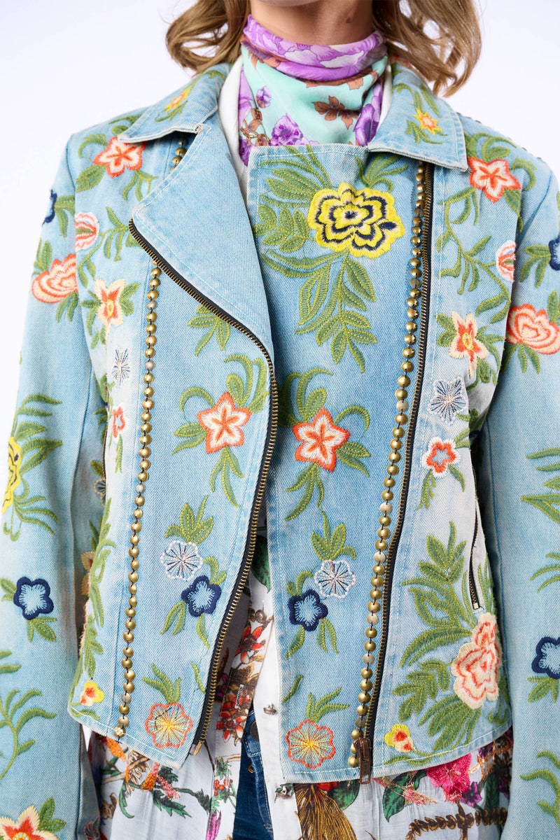 Lucinda Embroidered Denim Motorcycle Jacket