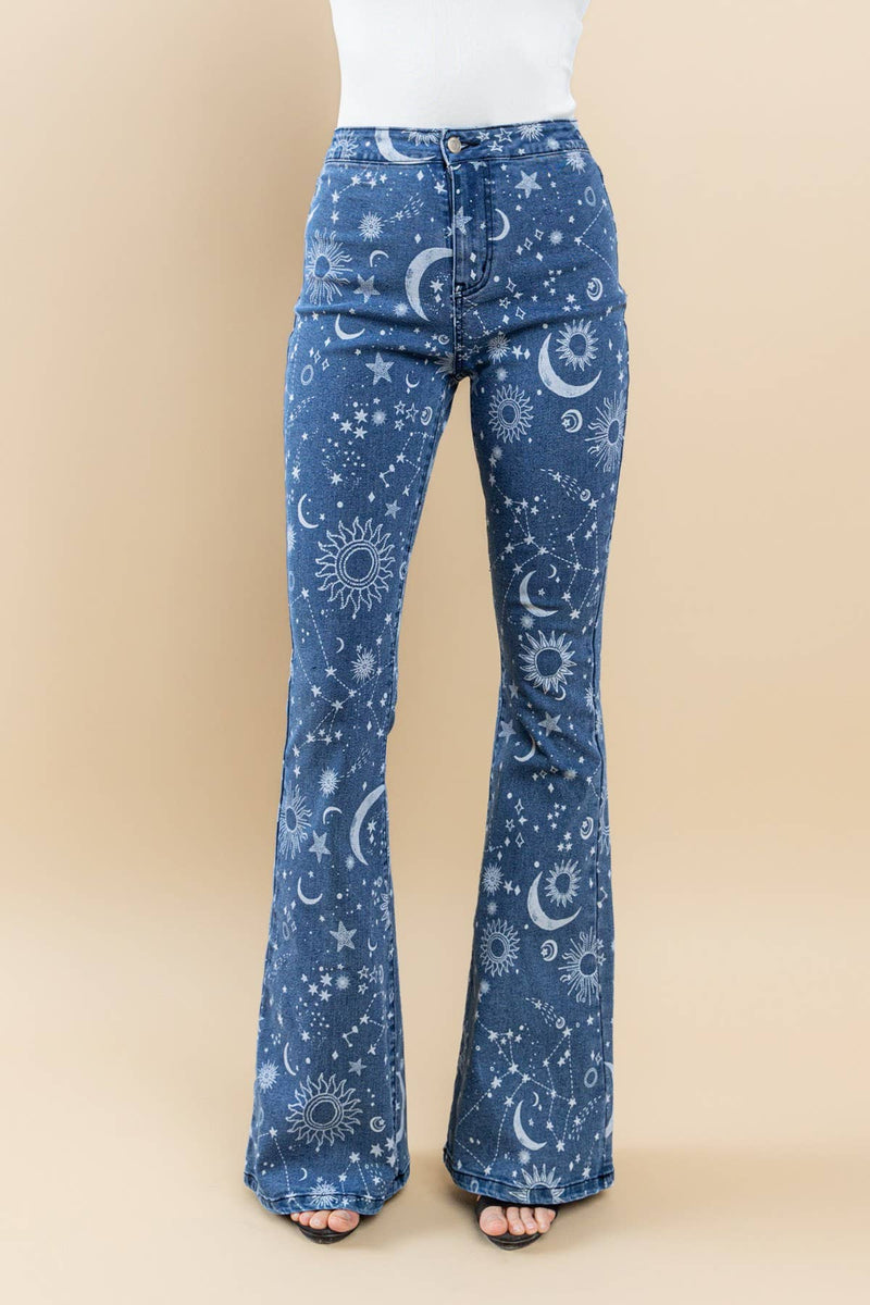 Super Stretchy Star & Sun Printed Flare Jeans
