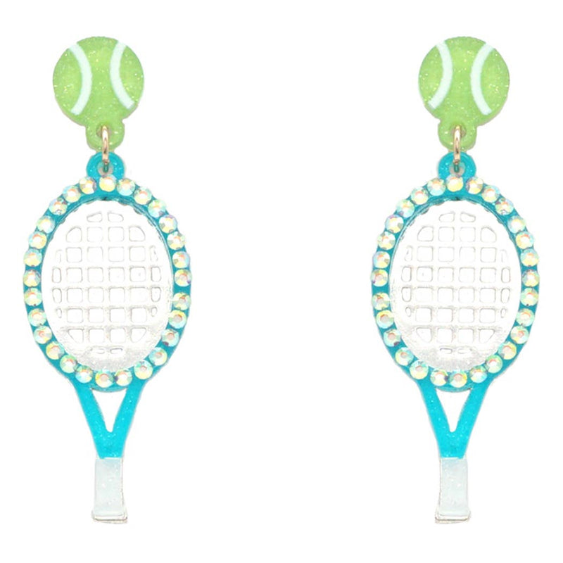 Tennis Ball and Paddle Figure Drop Post Earrings