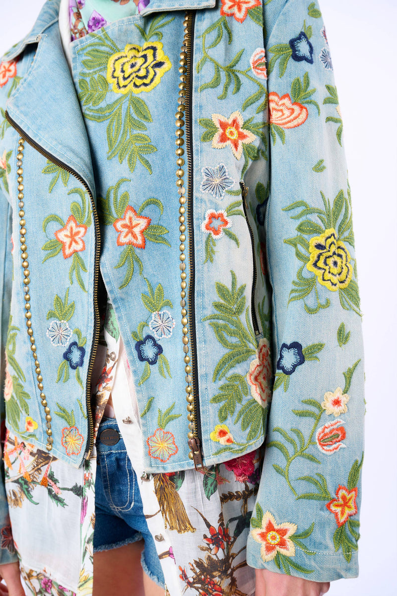 Lucinda Embroidered Denim Motorcycle Jacket