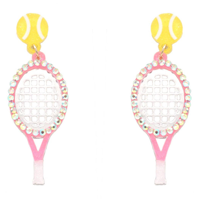 Tennis Ball and Paddle Figure Drop Post Earrings