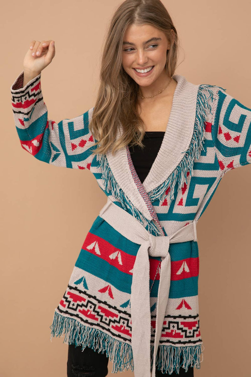 Aztec Fringe Western Tie Cardigan Sweater
