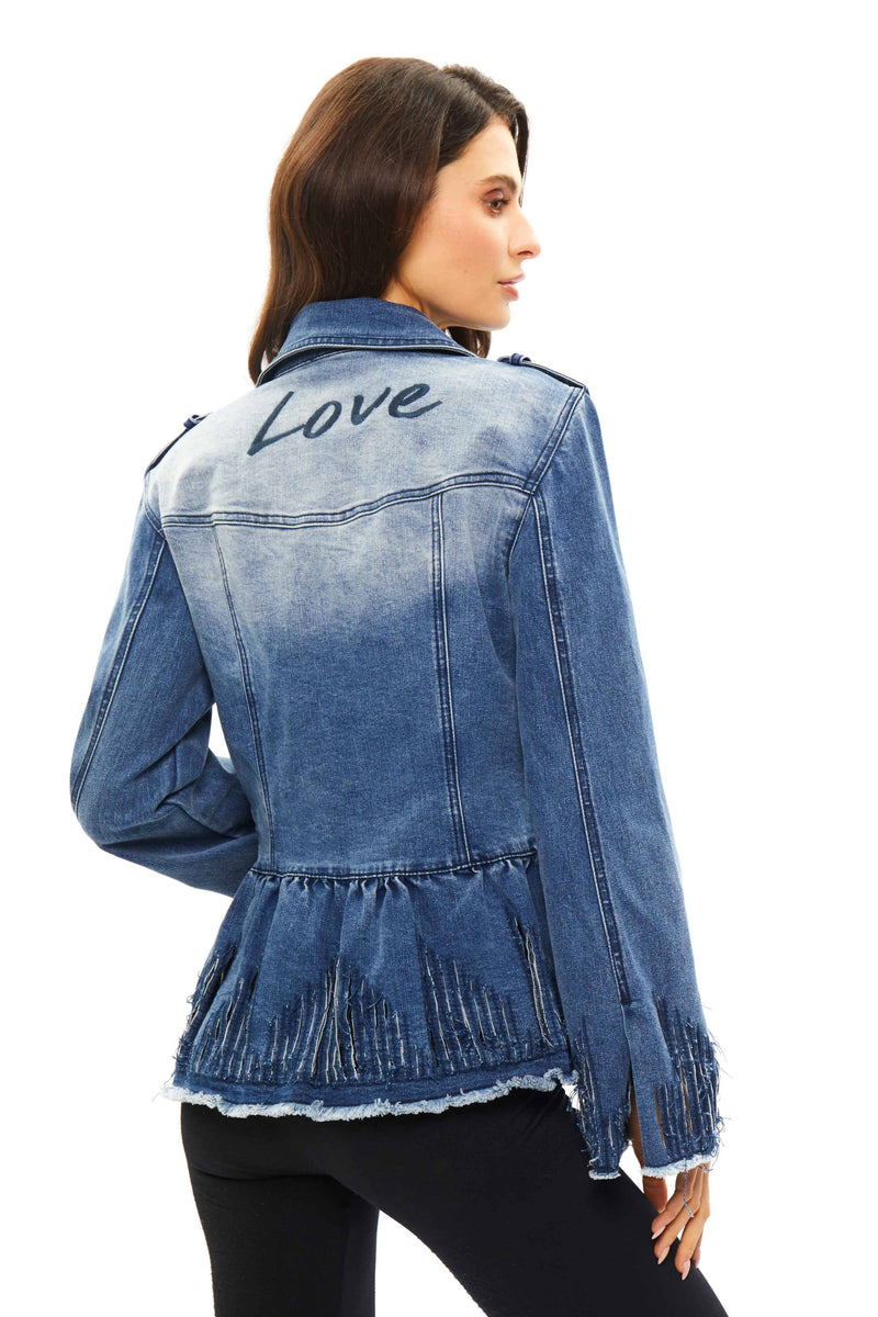 Frayed and Distressed Love Denim Jacket