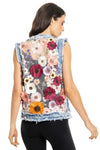 Denim Trim Floral Embroidered Vest