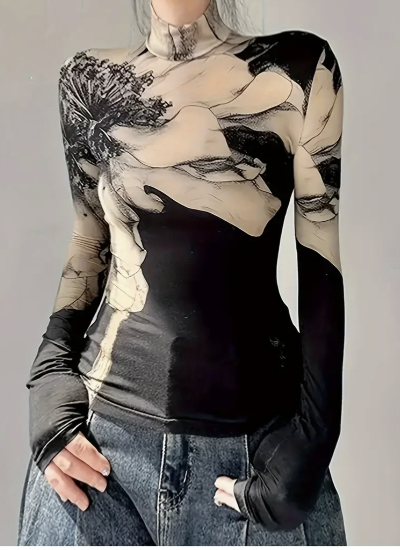 A black and beige floral print mock neck top with long sleeves and thumbhole details, featuring an artistic abstract design for a bold, stylish look.