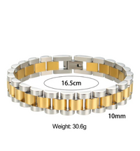 A two-tone bracelet-style watch band with polished links on a white background

