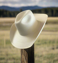 A cream-colored fine palm cowboy hat with a structured brim and classic cattleman crease, resting on a wooden fence post against a scenic rural backdrop of open fields and distant mountains.