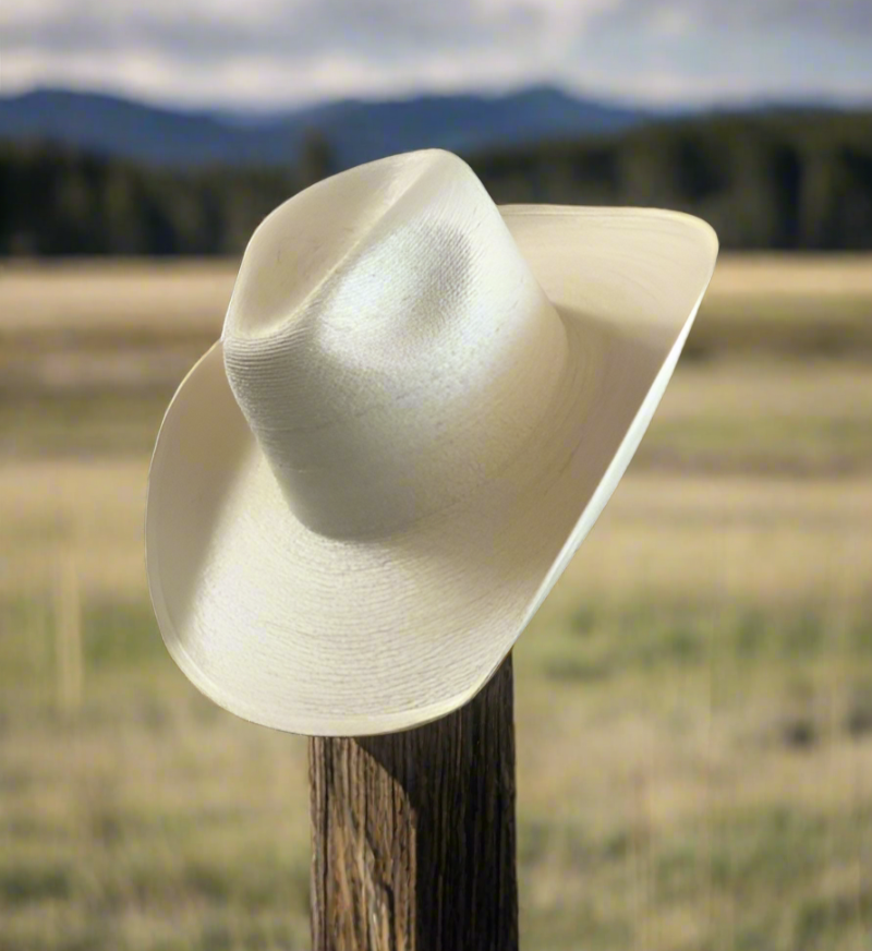 A cream-colored fine palm cowboy hat with a structured brim and classic cattleman crease, resting on a wooden fence post against a scenic rural backdrop of open fields and distant mountains.