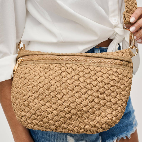Eco-friendly woven crossbody bag made from recycled materials, featuring an adjustable strap and secure zipper compartments for hands-free convenience.