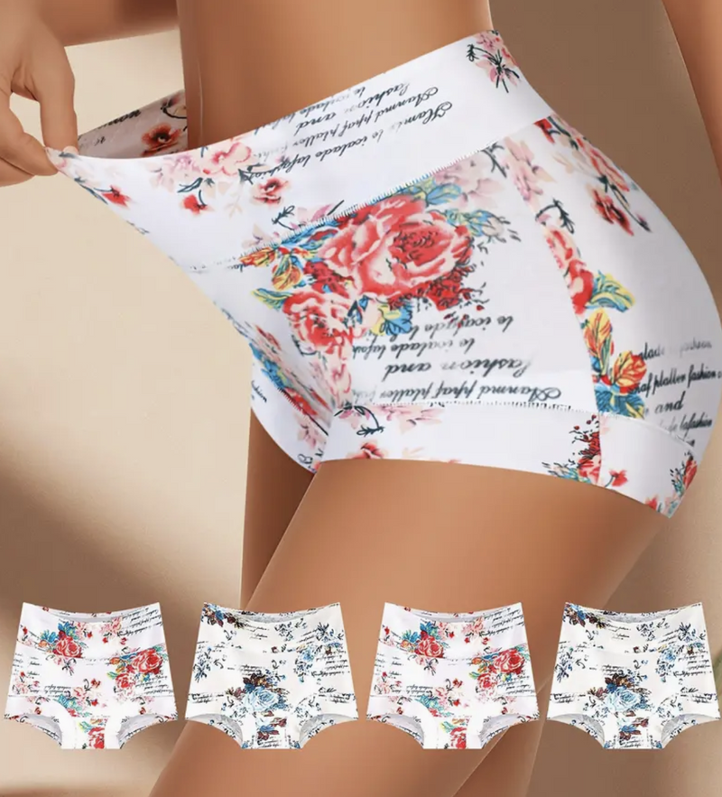 A set of high-waisted floral cotton boy short boxer shorts with a script print, designed for comfort and full coverage.