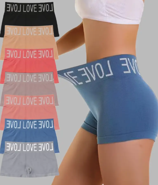 A model wearing blue high-waisted seamless boxer briefs with a LOVE waistband, alongside an assortment of colors including black, beige, pink, gray, and blue.