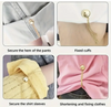 A set of magnetic clothing clips in gold, shown securing pant hems, shirt sleeves, and cuffs with an elegant chain detail for a stylish and functional look.